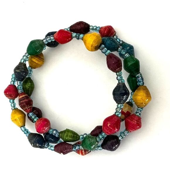 Multi colored  paper  beaded wrap bracelet - Picture 2 of 8